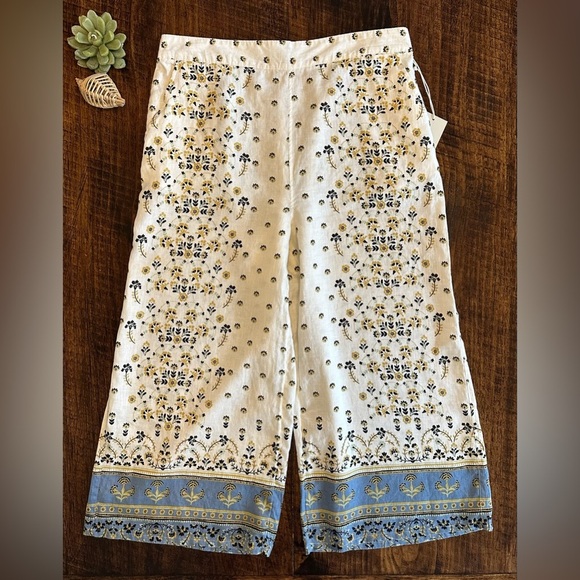 Joie | 100% Linen Cropped Cream/ Blue Floral Wide Leg Pants - Picture 1 of 4